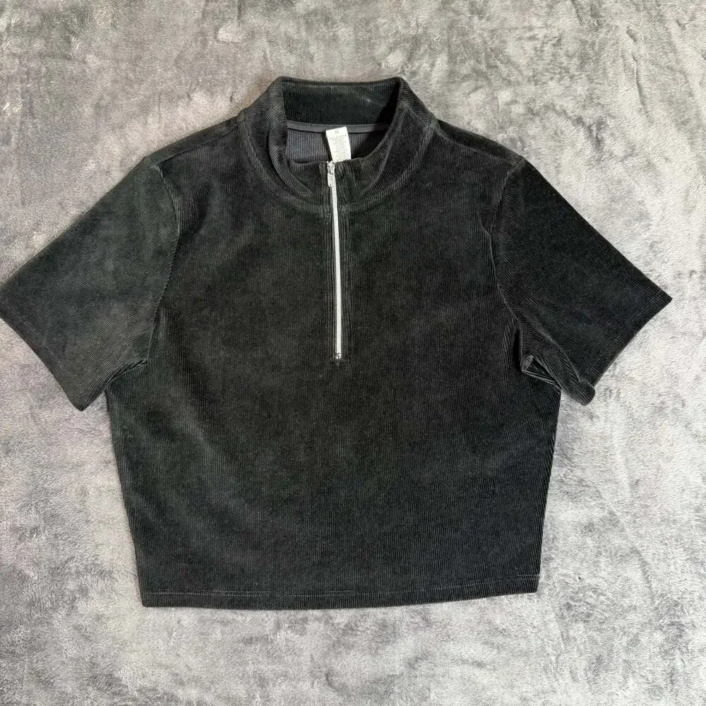 Alo Yoga Micro Corduroy Winter Break Mock Neck Quarter Zip Black Crop Top Size M